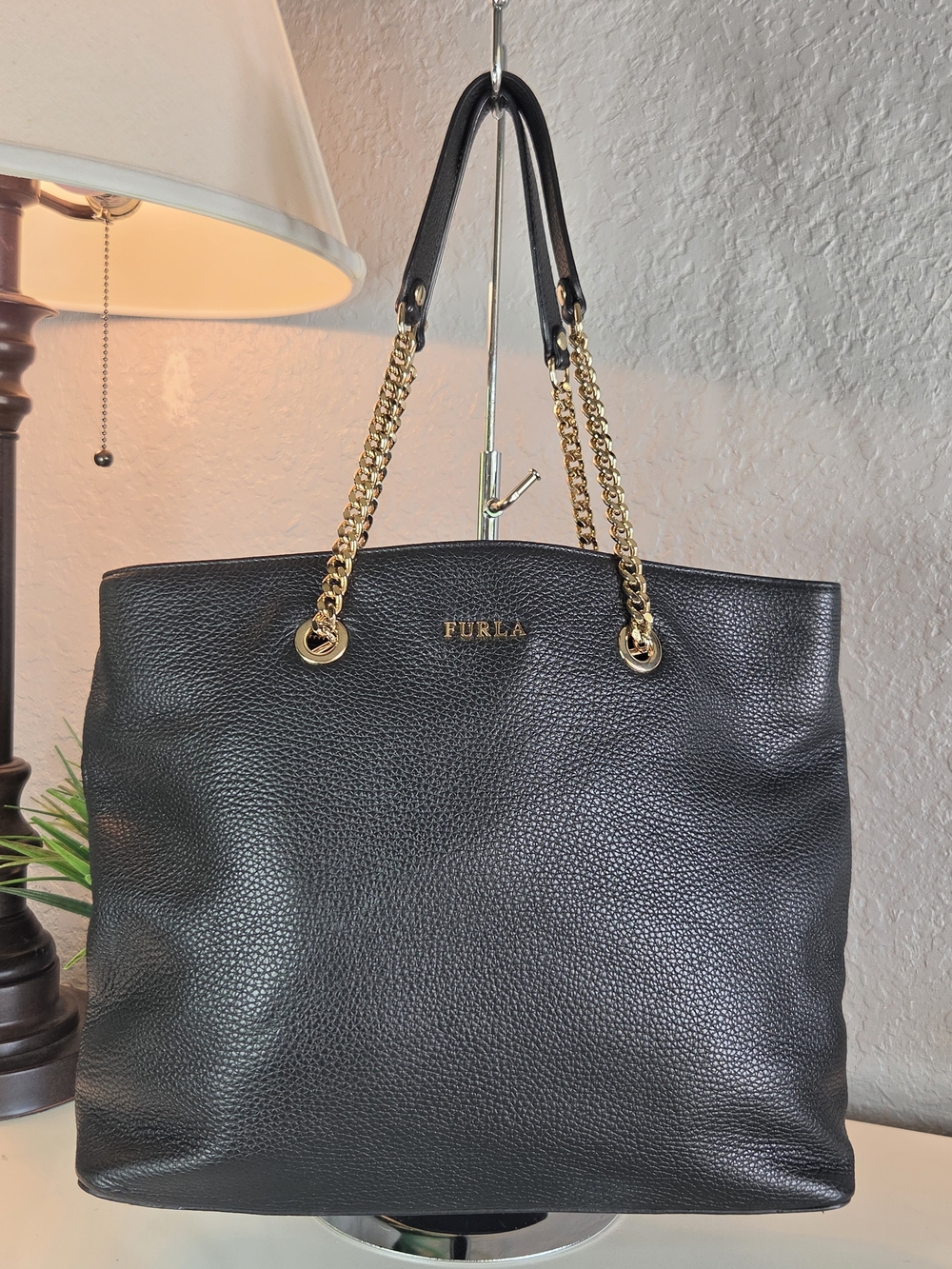 Furla Black Leather Chain-Handle Tote